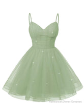 Womens V Neck Tulle Spaghetti Straps Sage Green Homecoming Dresses with Corset Back Short Prom Gowns for Teens